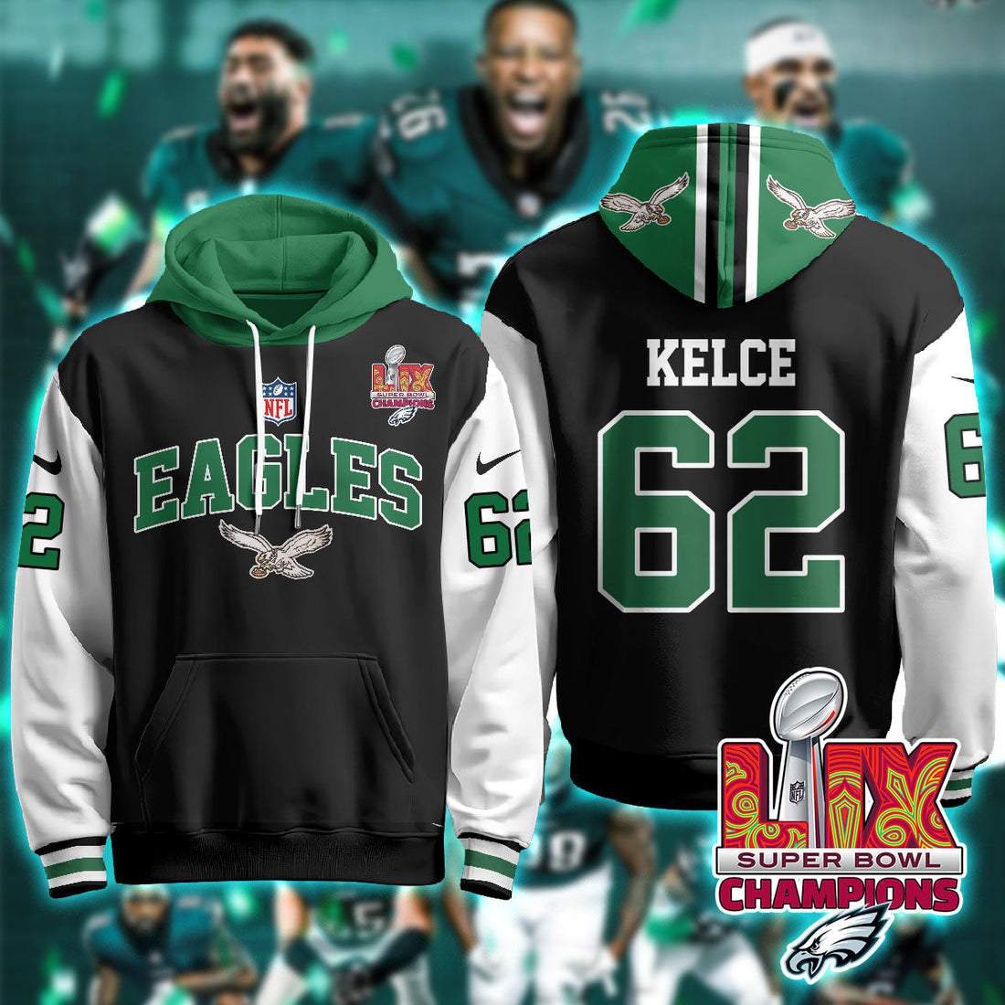 Philadelphia Eagles Kelce 62 Super Bowl LIX Champions Black Alternate Hoodie
