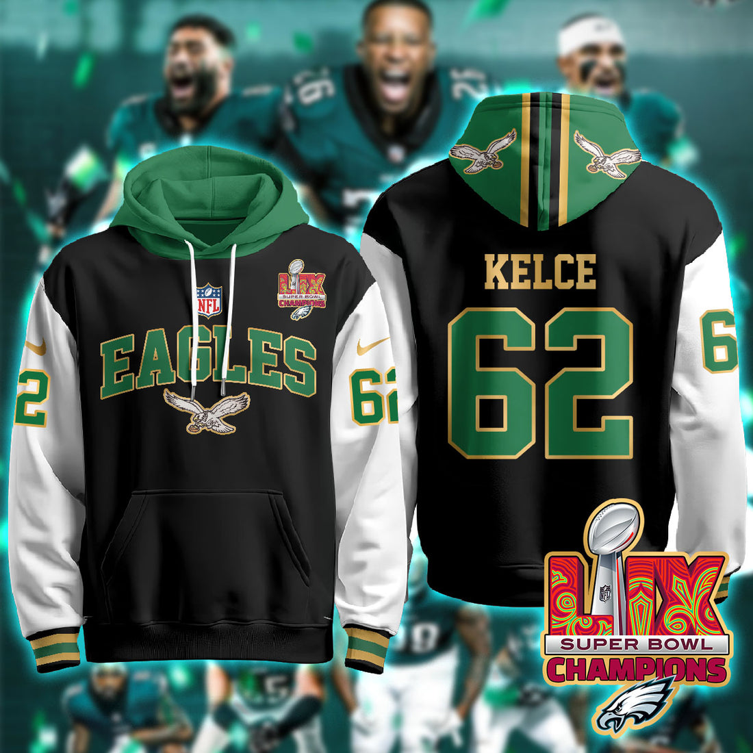 Philadelphia Eagles Kelce 62 Super Bowl LIX Champions Gold Black Alternate Hoodie