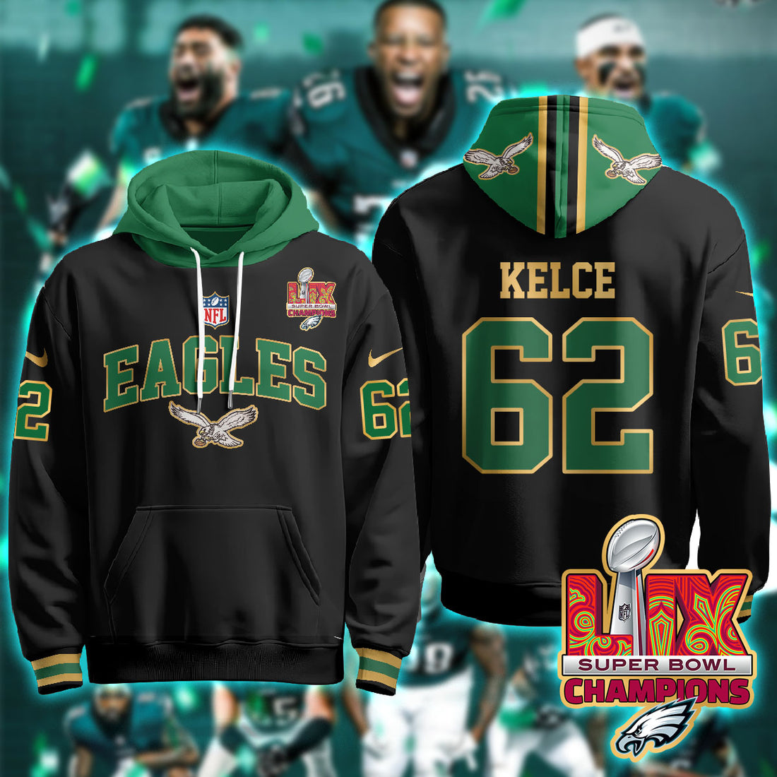 Philadelphia Eagles Kelce 62 Super Bowl LIX Champions Gold Black Hoodie