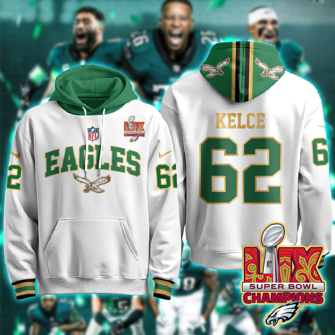Philadelphia Eagles Kelce 62 Super Bowl LIX Champions Gold White Hoodie