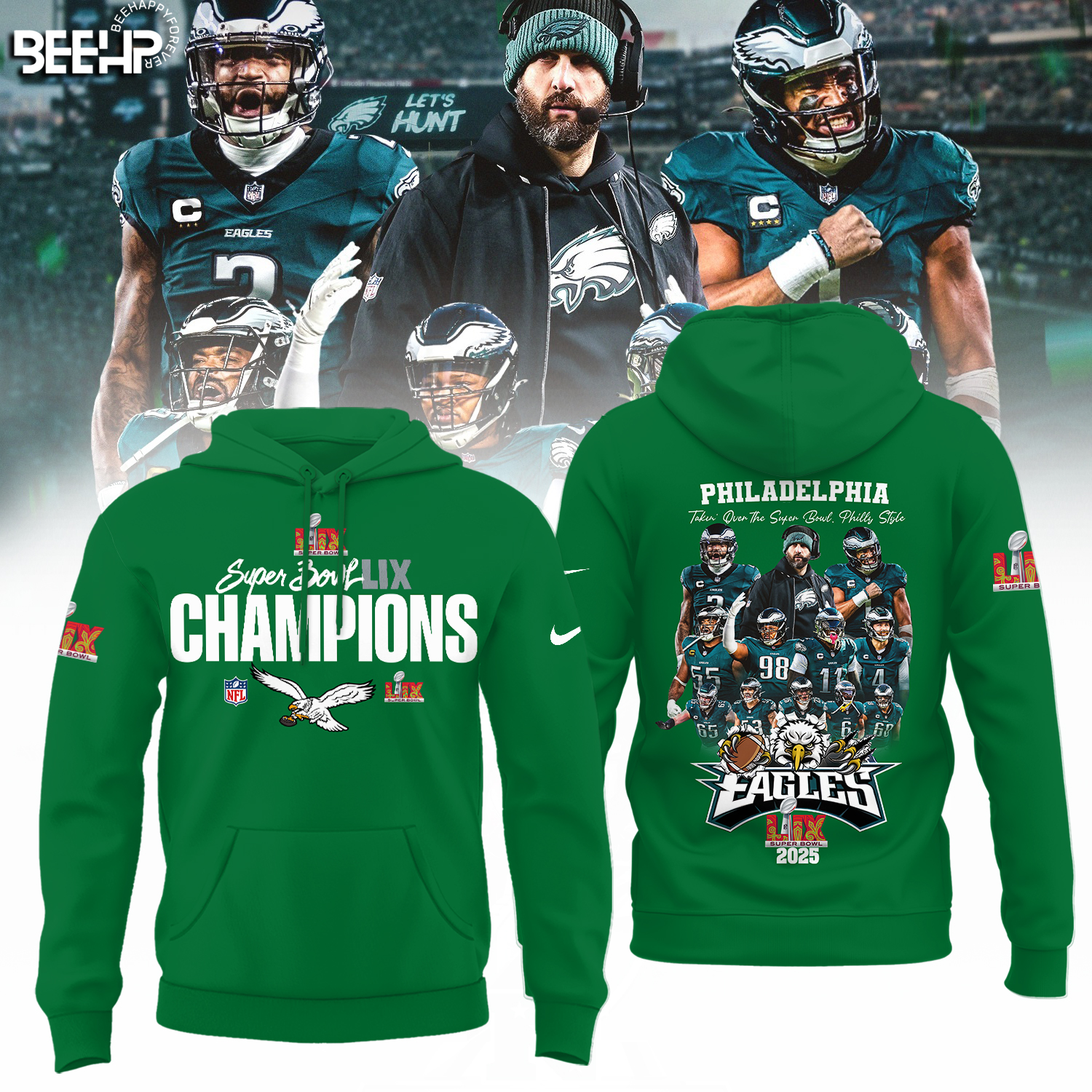 Philadelphia Eagles Letâ€™s Celebrate Super Bowl LIX Champions Green Hoodie