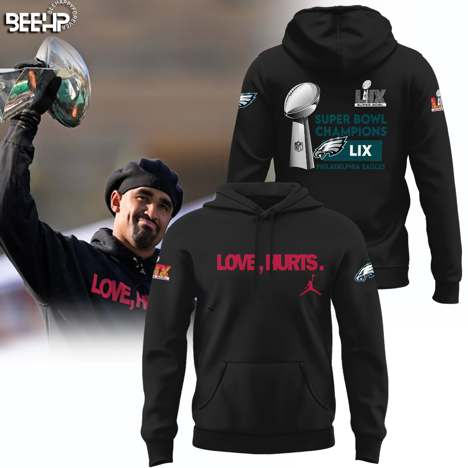 Philadelphia Eagles Love Hurts NFL Super Bowl LIX Champions Black Hoodie Gift For Sport Music Fans