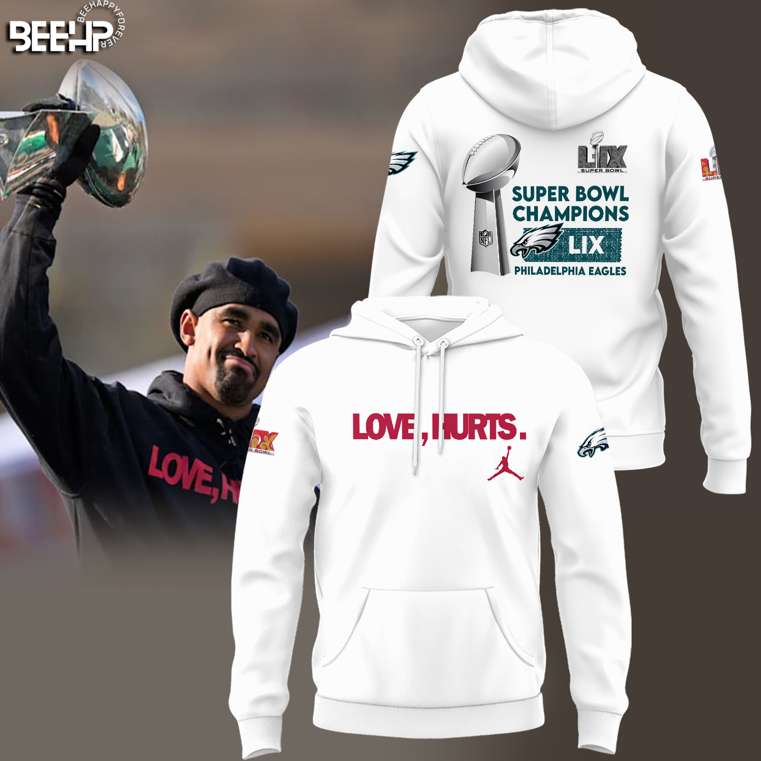 Philadelphia Eagles Love Hurts NFL Super Bowl LIX Champions White Hoodie