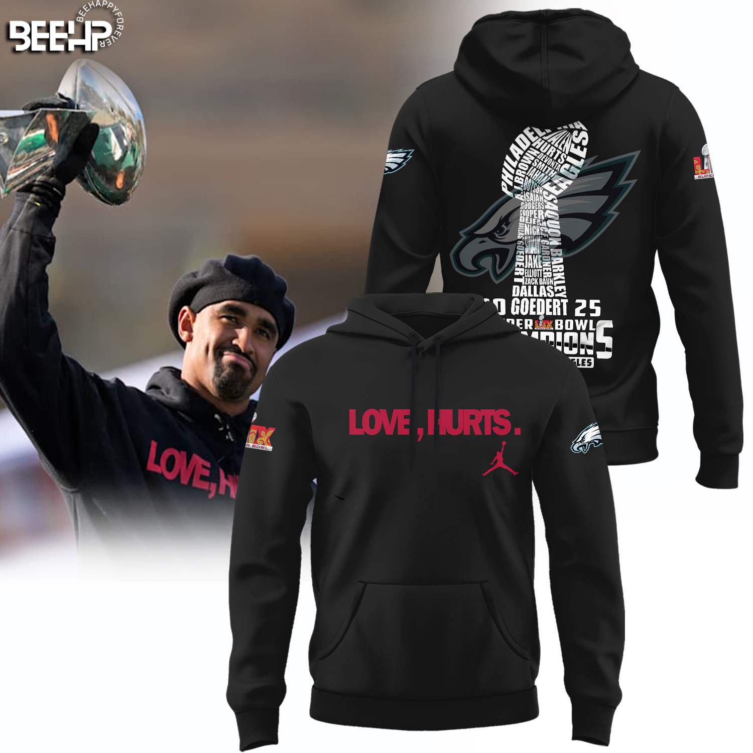 Philadelphia Eagles Love Hurts Super Bowl LIX Champions 2025 Black Hoodie