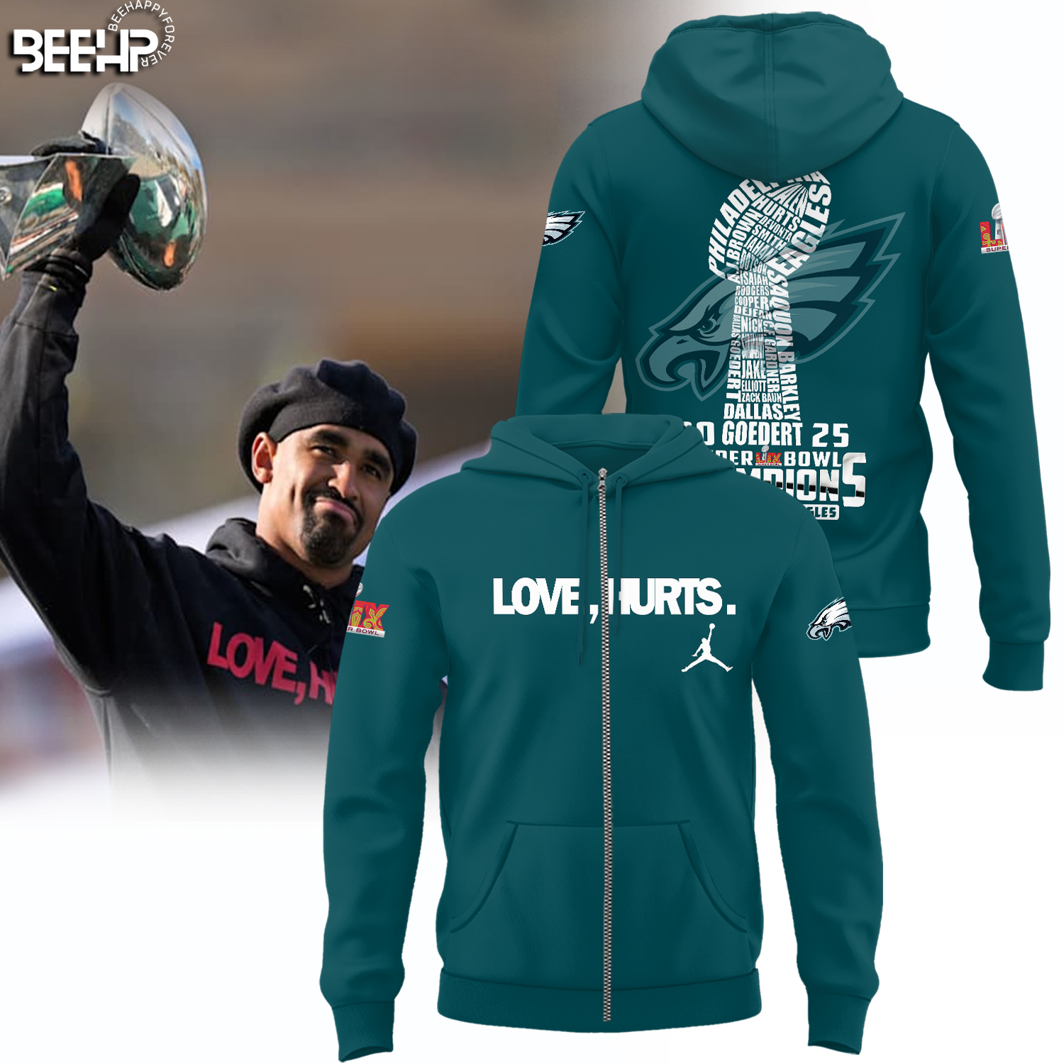 Philadelphia Eagles Love Hurts Super Bowl LIX Champions 2025 Midnight Green Hoodie