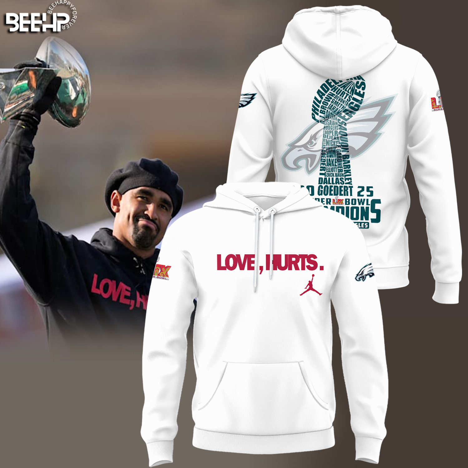 Philadelphia Eagles Love Hurts Super Bowl LIX Champions 2025 White Hoodie