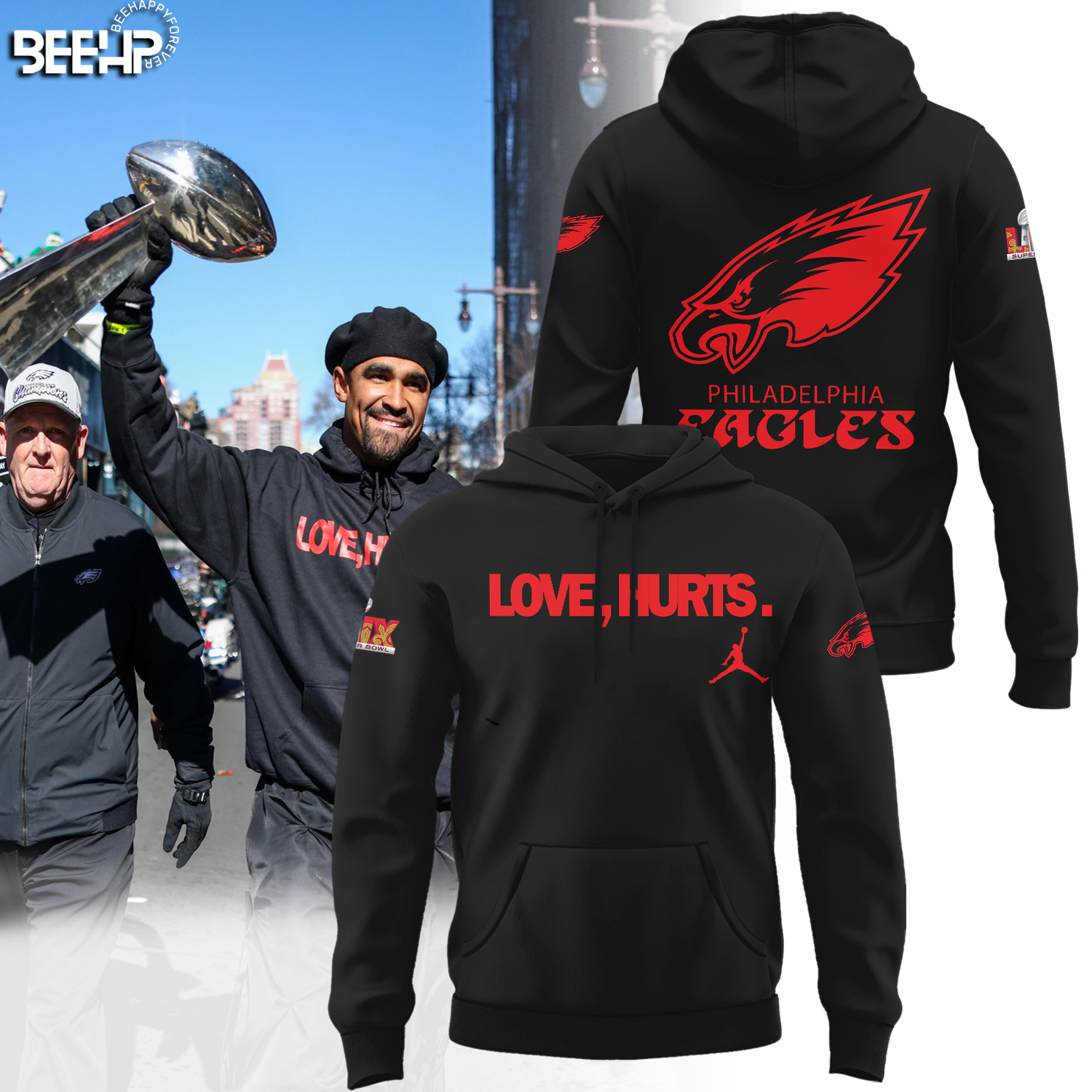 Philadelphia Eagles Love Hurts Super Bowl LIX Champions Black Hoodie