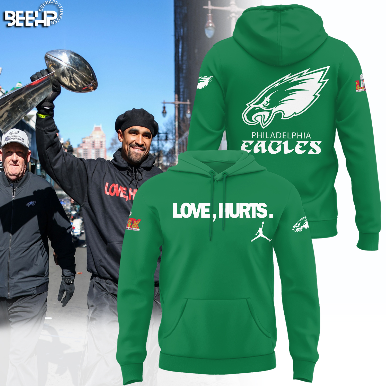 Philadelphia Eagles Love Hurts Super Bowl LIX Champions Green Hoodie