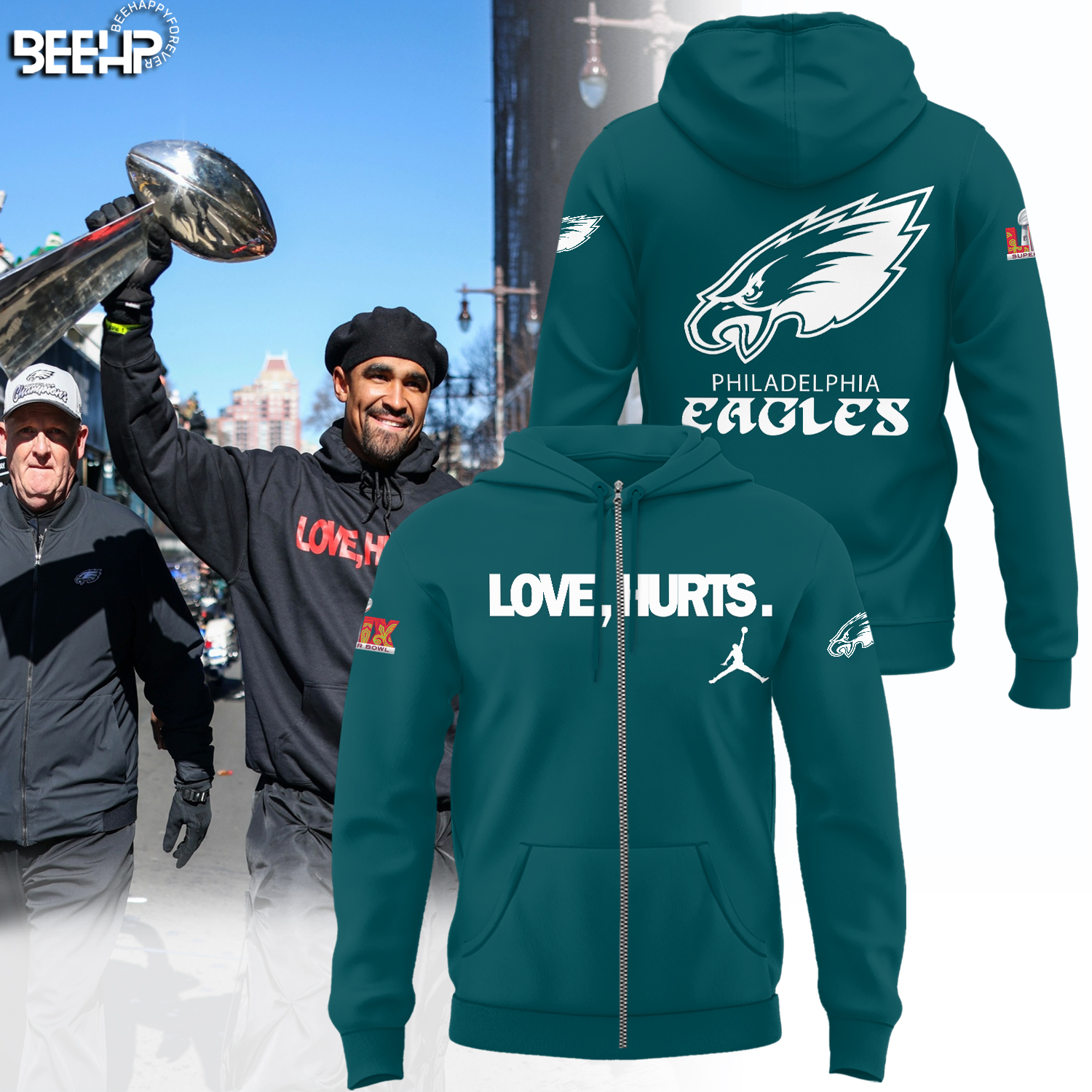 Philadelphia Eagles Love Hurts Super Bowl LIX Champions Midnight Green Hoodie Gift For Sport Music Fans