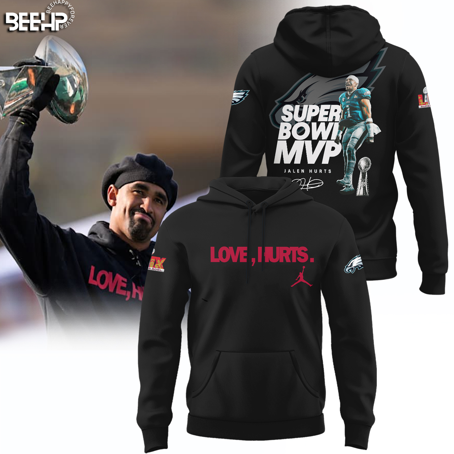 Philadelphia Eagles Love Hurts Super Bowl LIX MVP Champions Black Hoodie