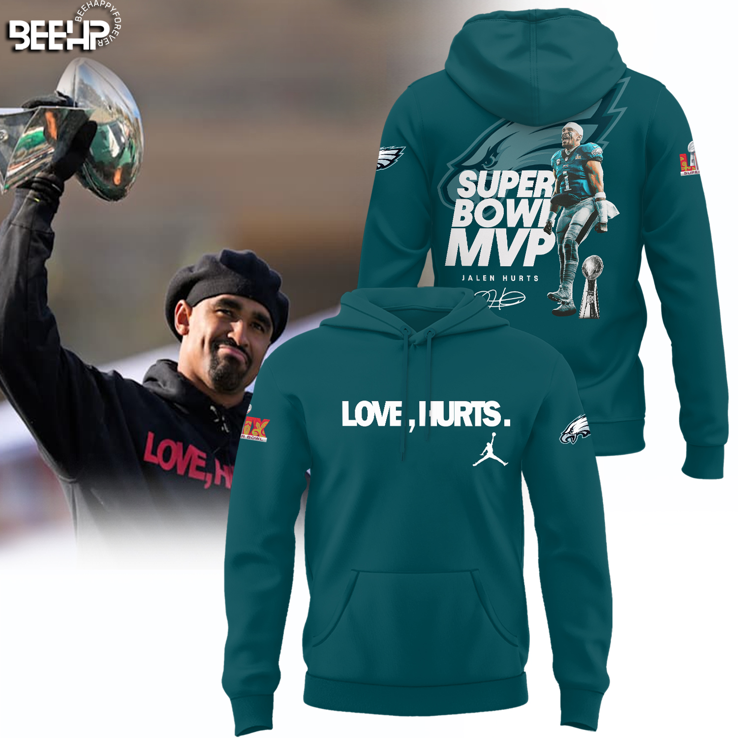 Philadelphia Eagles Love Hurts Super Bowl LIX MVP Champions Midnight Green Hoodie