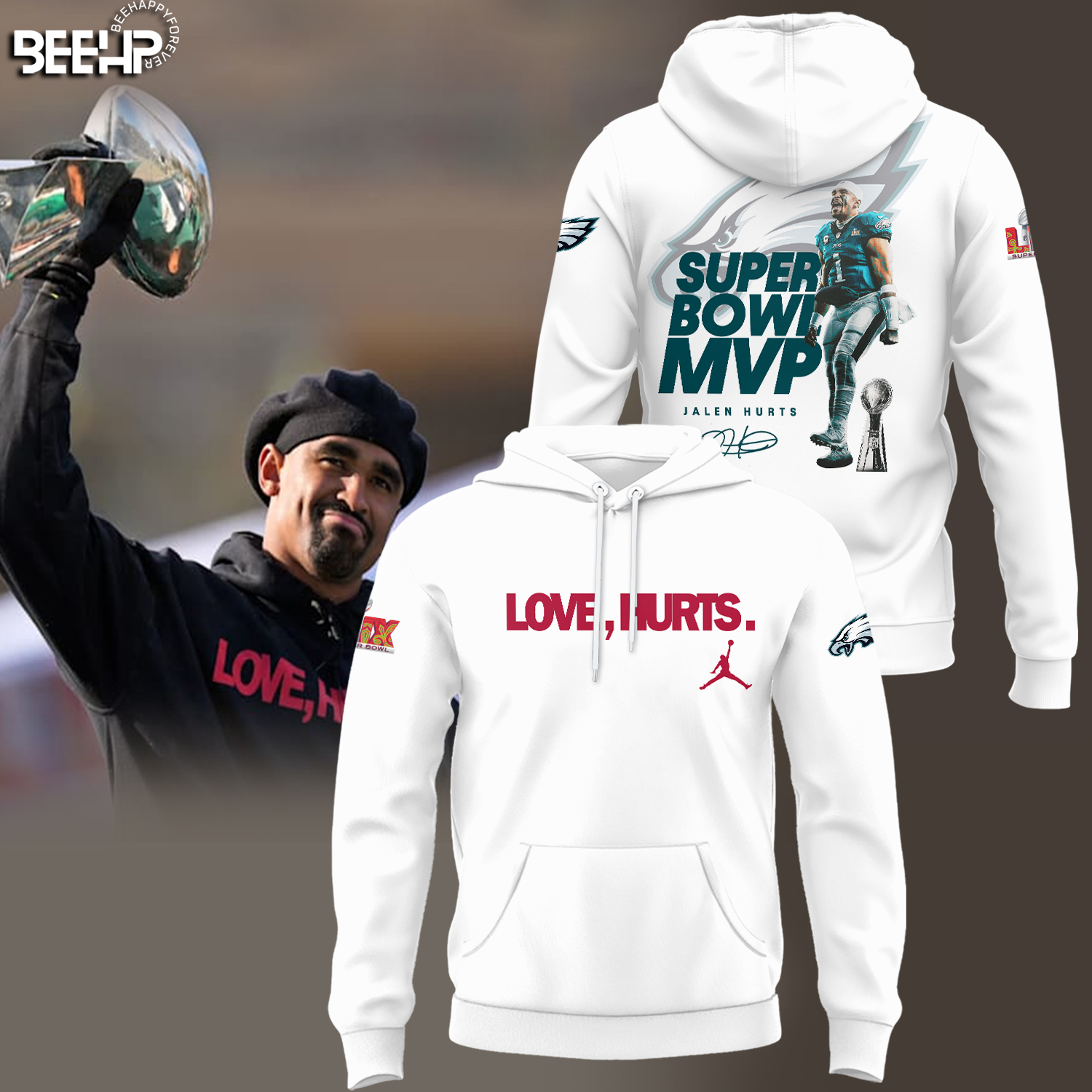 Philadelphia Eagles Love Hurts Super Bowl LIX MVP Champions White Hoodie