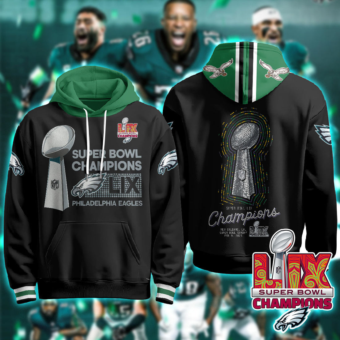 Philadelphia Eagles NFL Football Super Bowl LIX Champions Black Hoodie