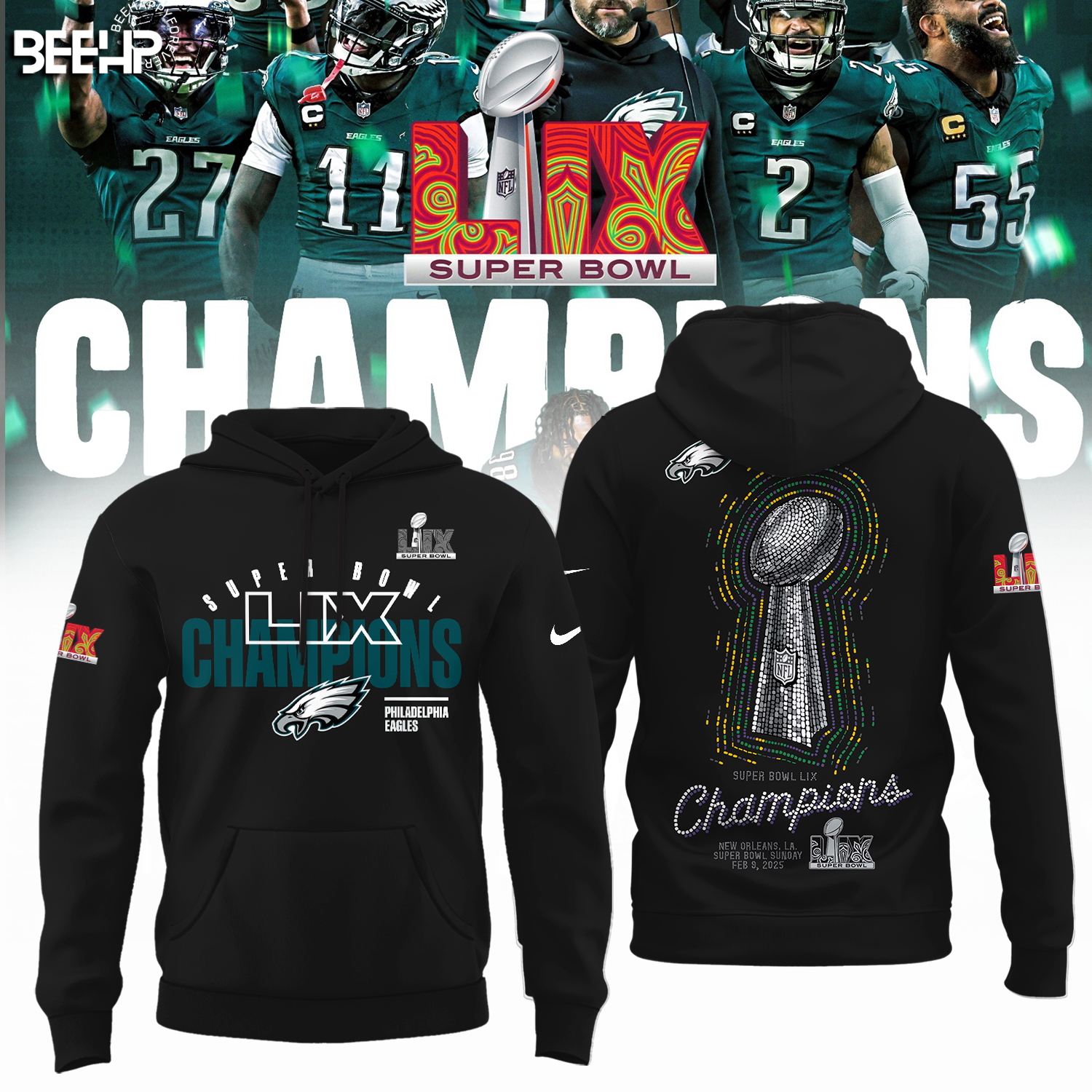 Philadelphia Eagles NFL Super Bowl LIX Champions Black Hoodie