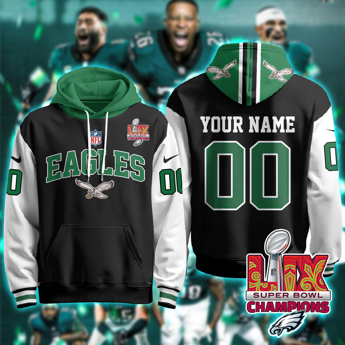 Philadelphia Eagles NFL Super Bowl LIX Champions Custom Black Alternate Hoodie