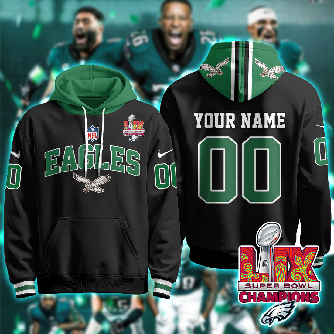Philadelphia Eagles NFL Super Bowl LIX Champions Custom Black Hoodie