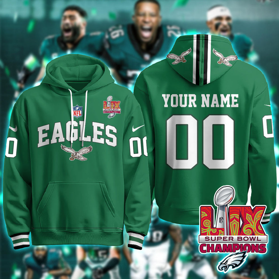 Philadelphia Eagles NFL Super Bowl LIX Champions Custom Green Hoodie