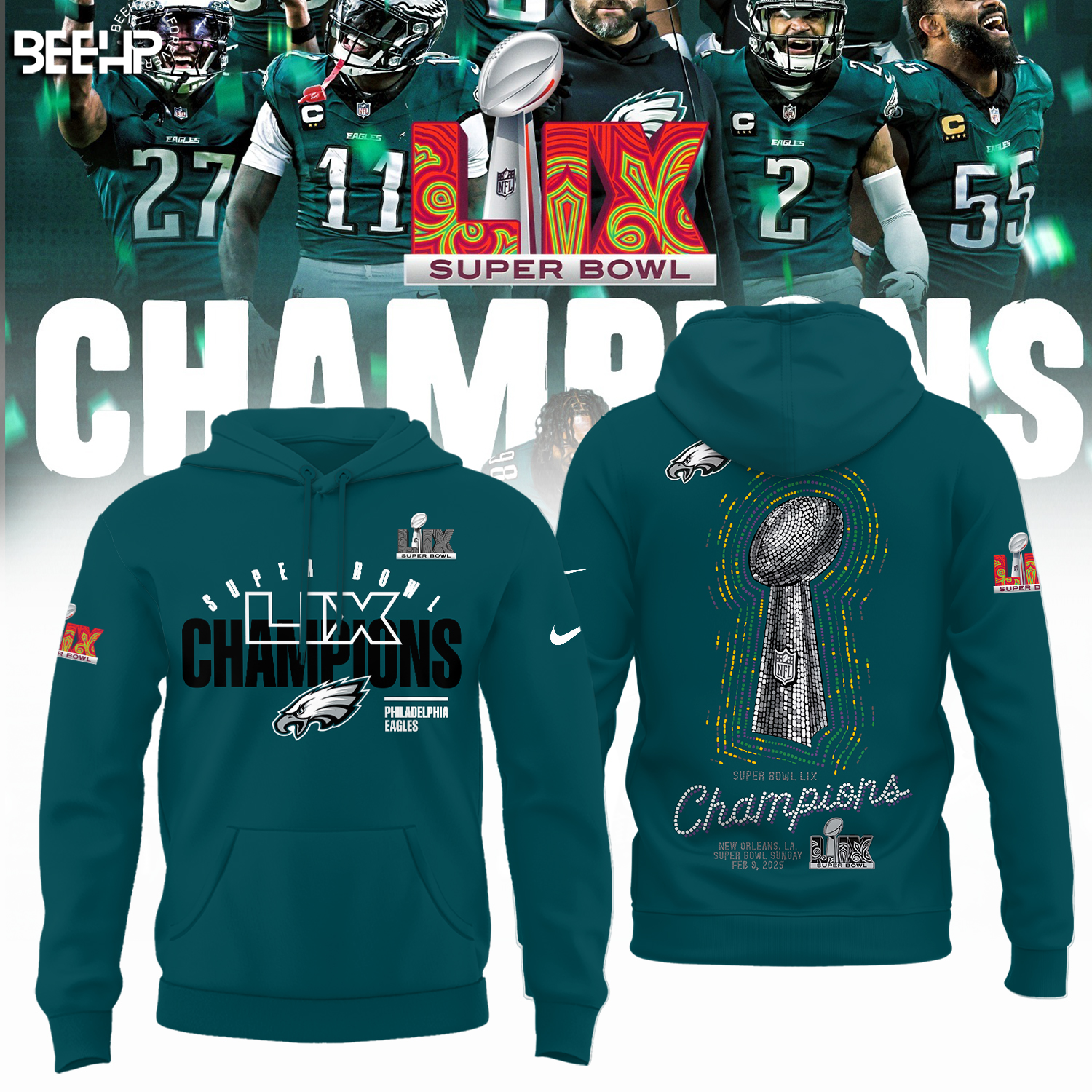 Philadelphia Eagles NFL Super Bowl LIX Champions Midnight Green Hoodie