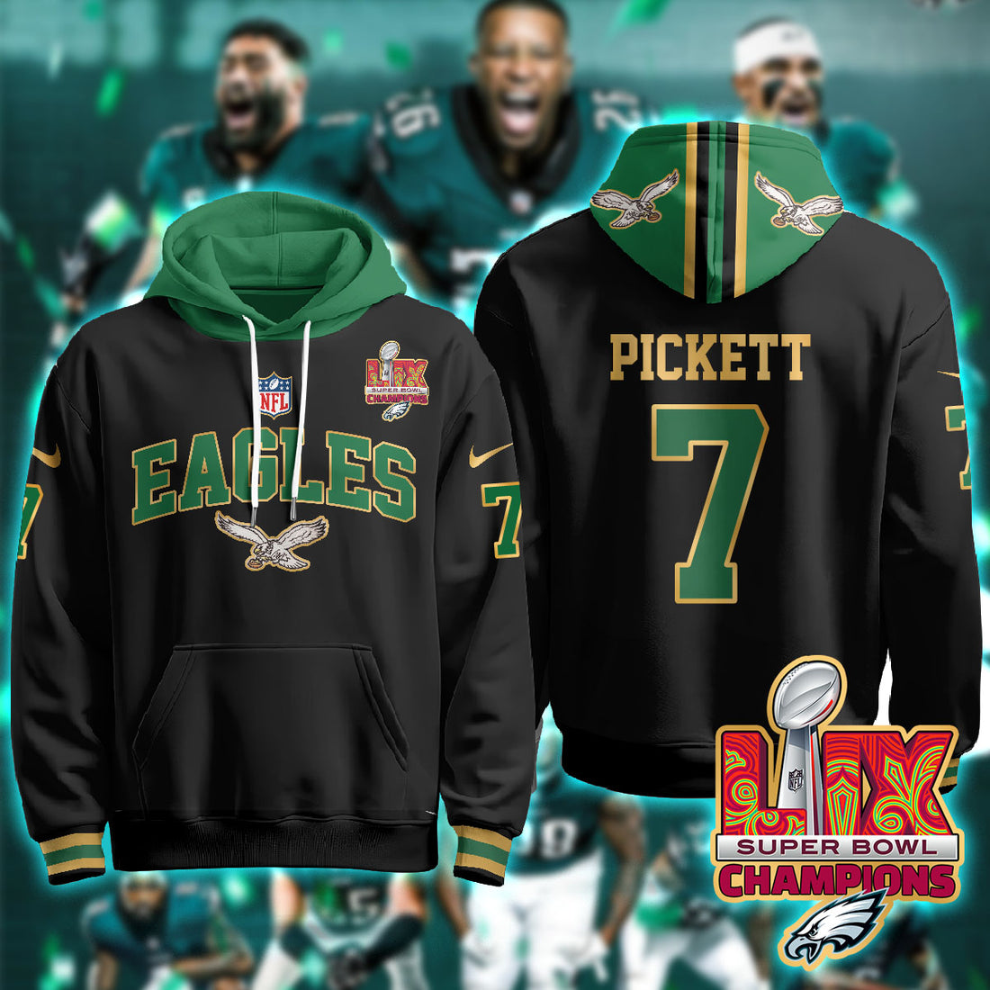 Philadelphia Eagles Pickett 7 Super Bowl LIX Champions Gold Black Hoodie
