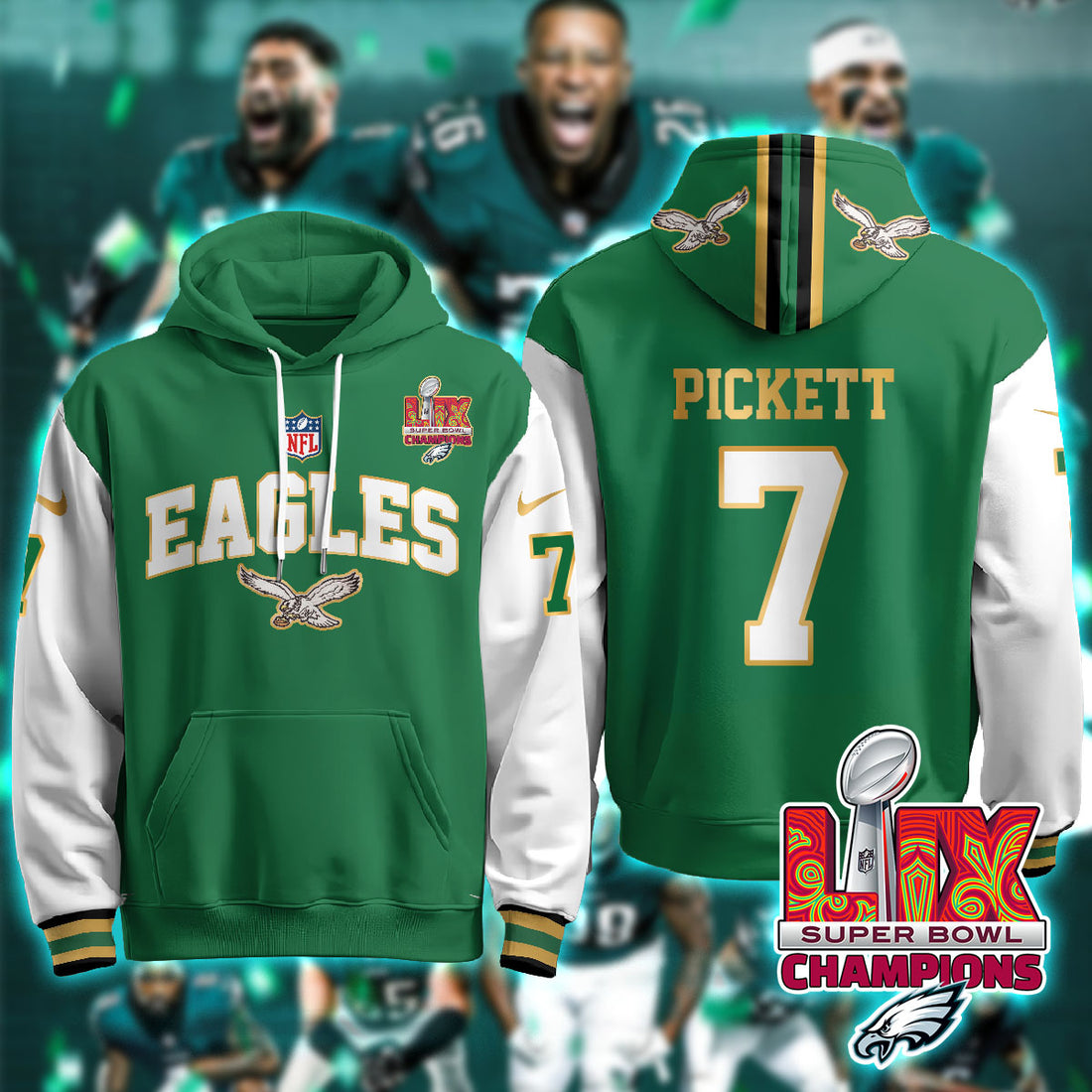 Philadelphia Eagles Pickett 7 Super Bowl LIX Champions Gold Green Alternate Hoodie