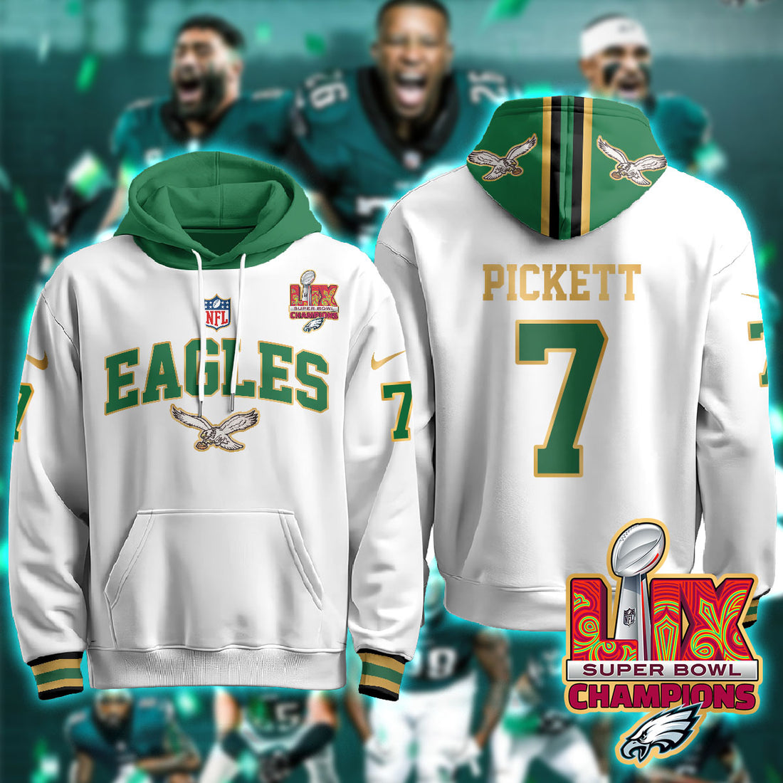 Philadelphia Eagles Pickett 7 Super Bowl LIX Champions Gold White Hoodie