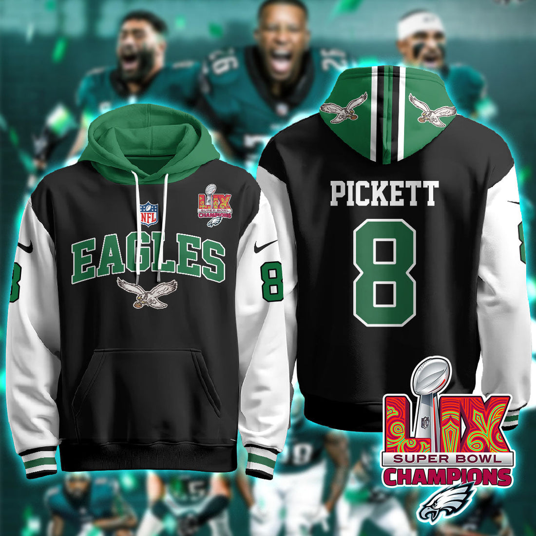 Philadelphia Eagles Pickett 8 Super Bowl LIX Champions Black Alternate Hoodie
