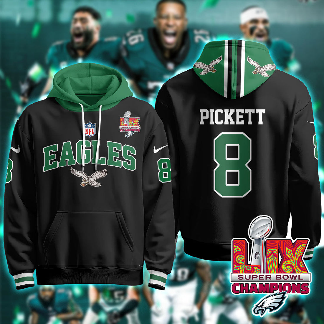 Philadelphia Eagles Pickett 8 Super Bowl LIX Champions Black Hoodie