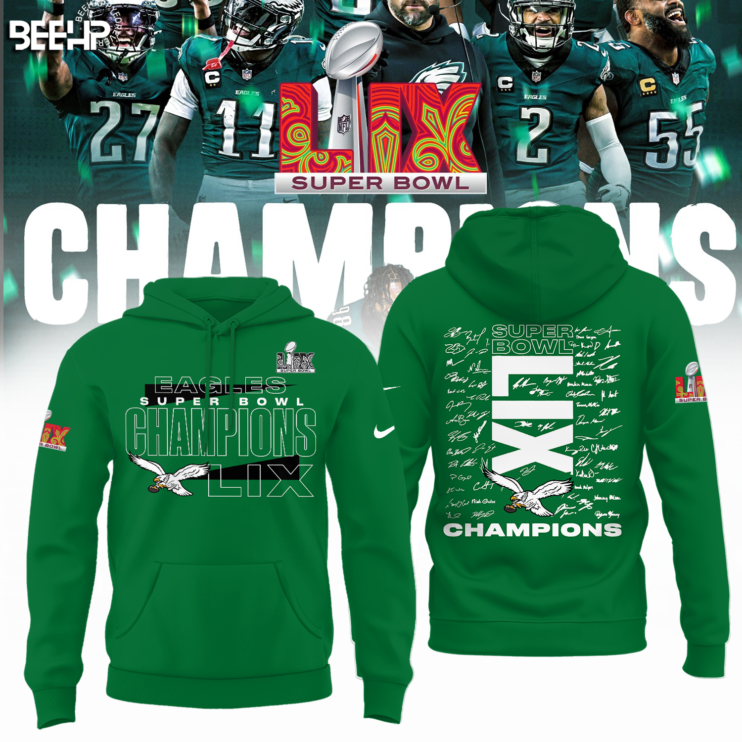 Philadelphia Eagles Signatures Super Bowl LIX Champions Green Hoodie