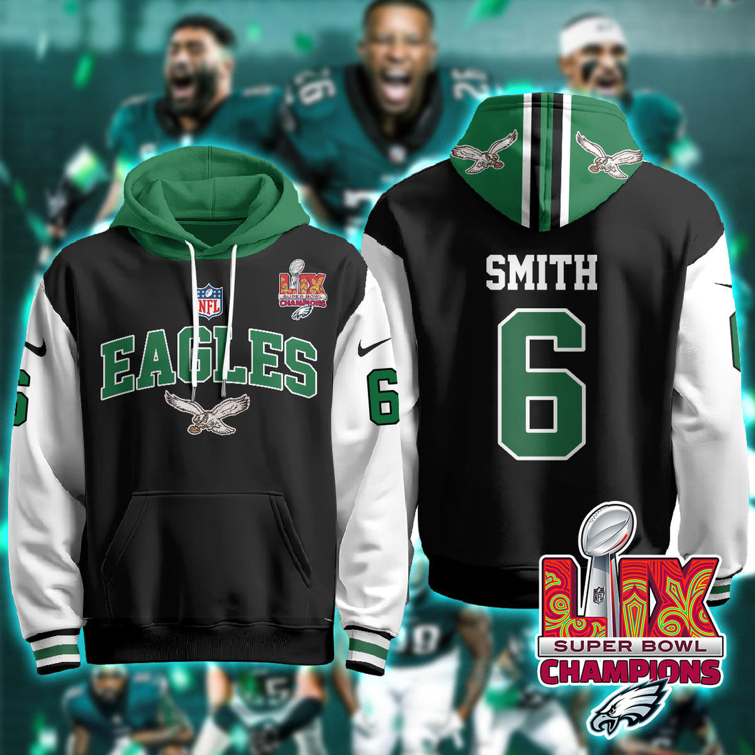 Philadelphia Eagles Smith 6 Super Bowl LIX Champions Black Alternate Hoodie