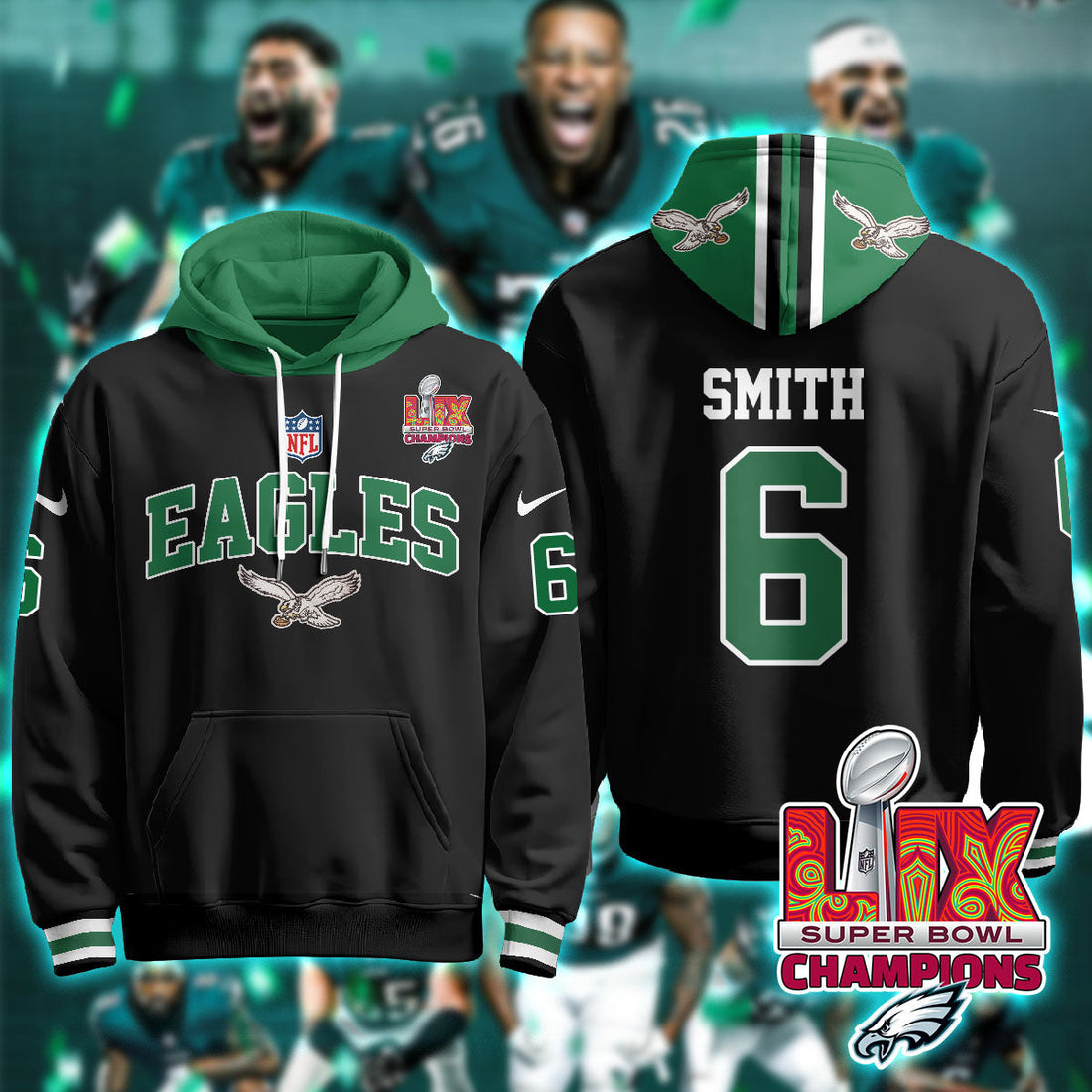 Philadelphia Eagles Smith 6 Super Bowl LIX Champions Black Hoodie
