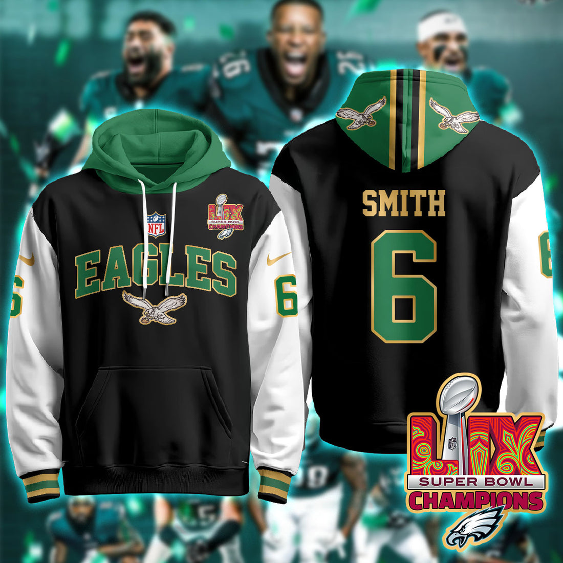 Philadelphia Eagles Smith 6 Super Bowl LIX Champions Gold Black Alternate Hoodie