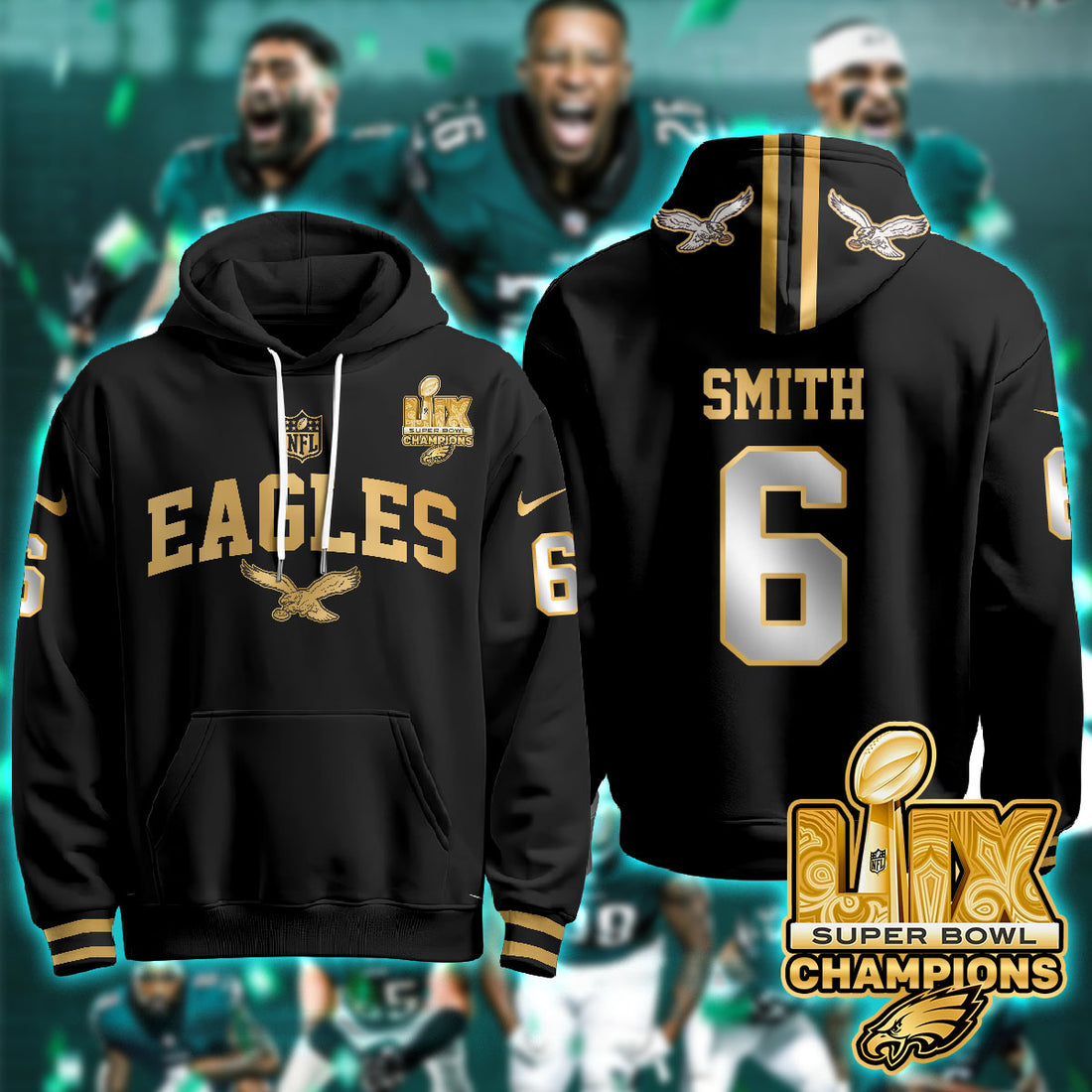 Philadelphia Eagles Smith 6 Super Bowl LIX Champions Gold Black Gold Hoodie