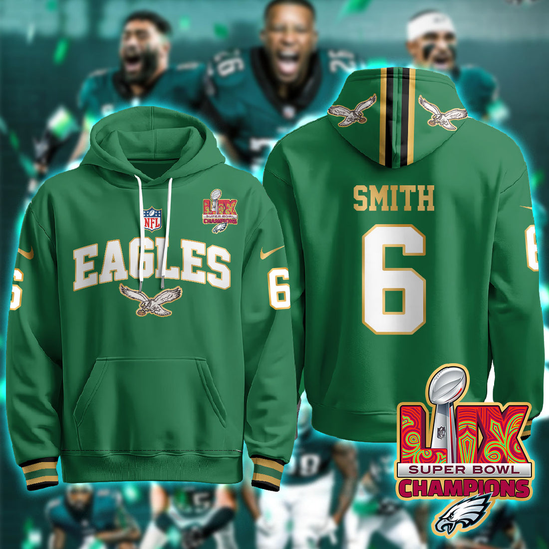 Philadelphia Eagles Smith 6 Super Bowl LIX Champions Gold Green Hoodie