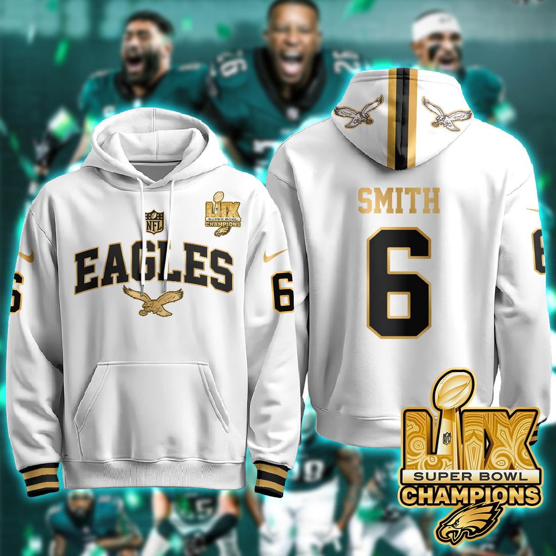 Philadelphia Eagles Smith 6 Super Bowl LIX Champions Gold White Gold Hoodie
