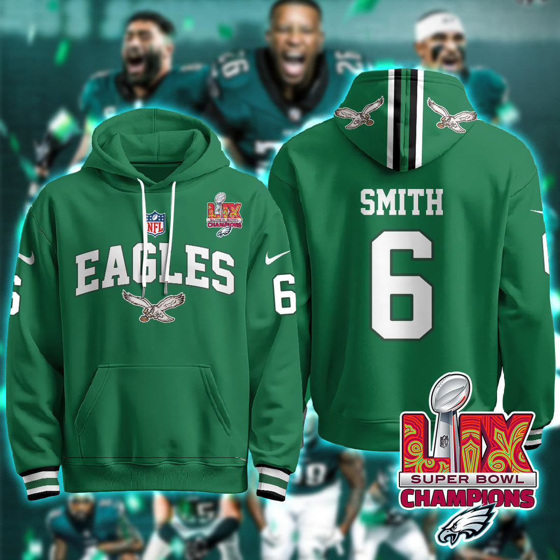 Philadelphia Eagles Smith 6 Super Bowl LIX Champions Green Hoodie