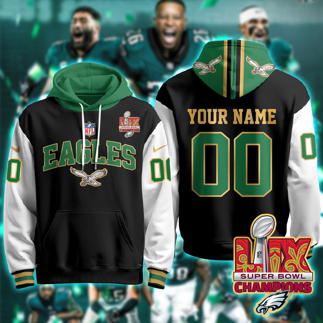 Philadelphia Eagles Super Bowl LIX Champions Custom Black Alternate Hoodie