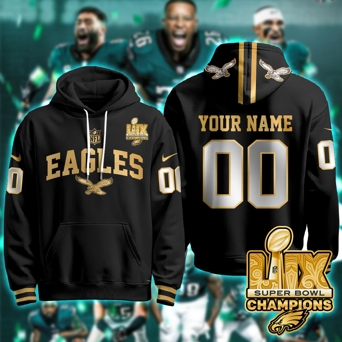 Philadelphia Eagles Super Bowl LIX Champions Custom Black Gold Hoodie