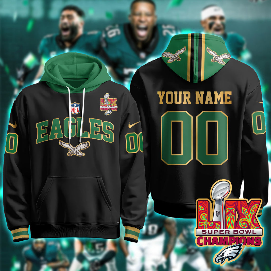 Philadelphia Eagles Super Bowl LIX Champions Custom Black Hoodie