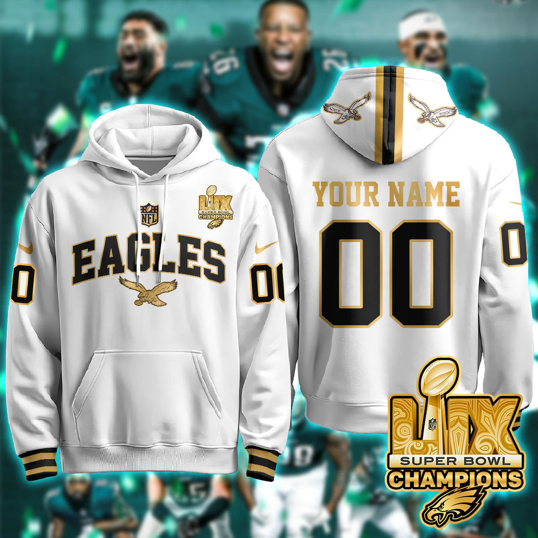 Philadelphia Eagles Super Bowl LIX Champions Custom White Gold Hoodie