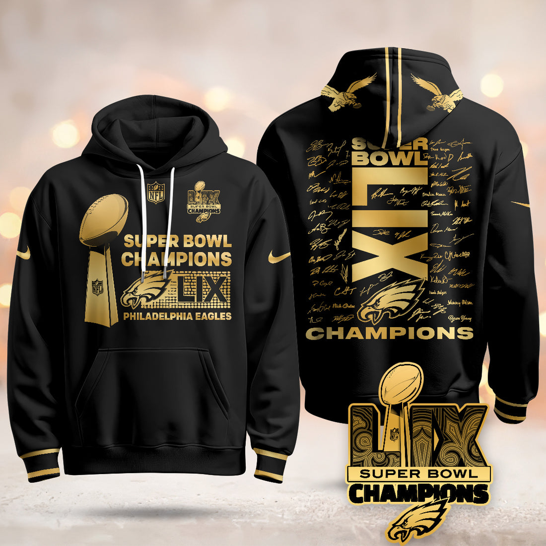 Philadelphia Eagles Super Bowl LIX Champions Roster Signing Gold Black Gold Hoodie