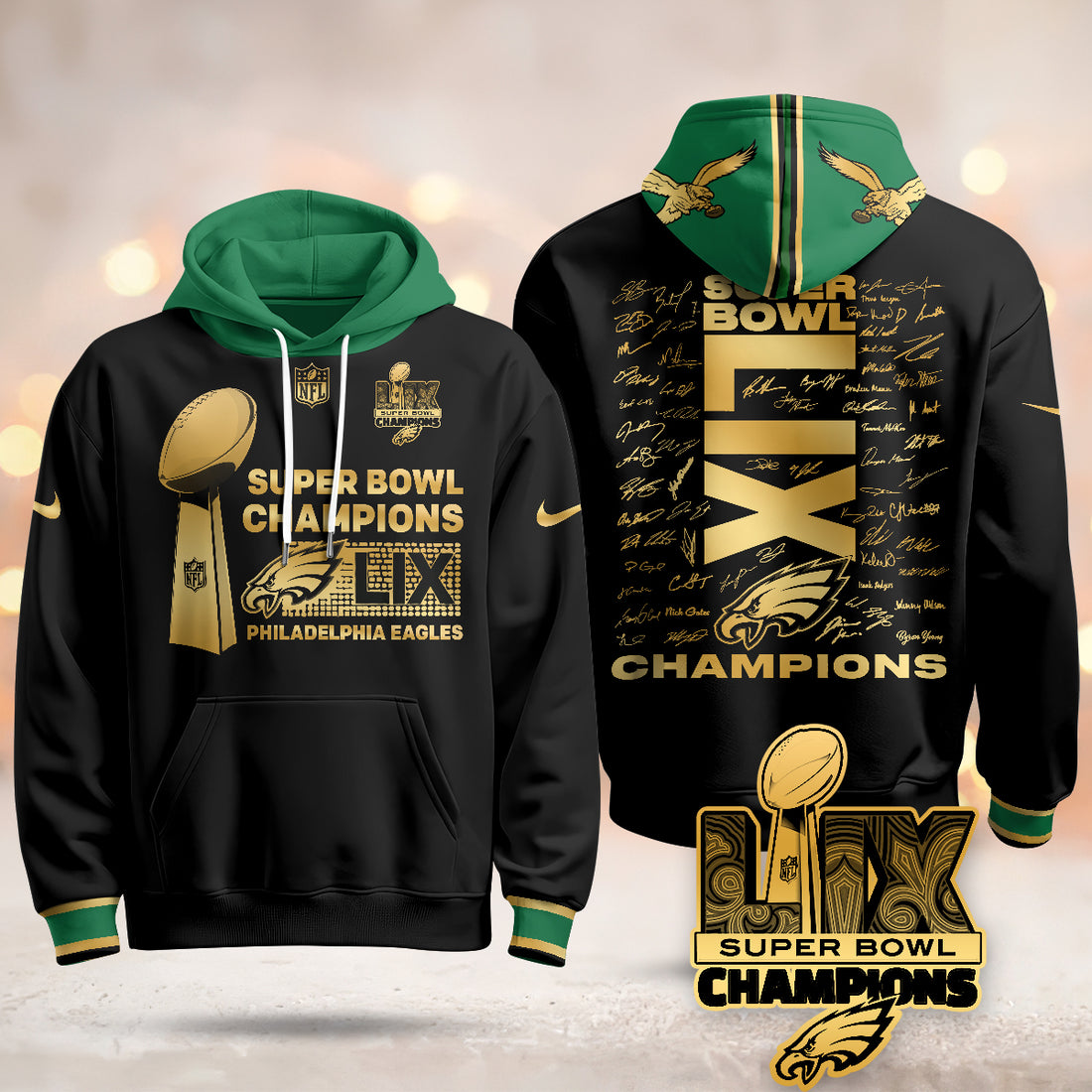 Philadelphia Eagles Super Bowl LIX Champions Roster Signing Gold Black Hoodie Gift For Sport Music Fans