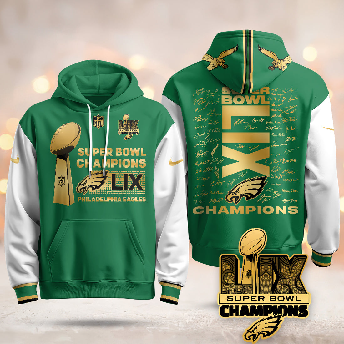 Philadelphia Eagles Super Bowl LIX Champions Roster Signing Gold Green Alternate Hoodie
