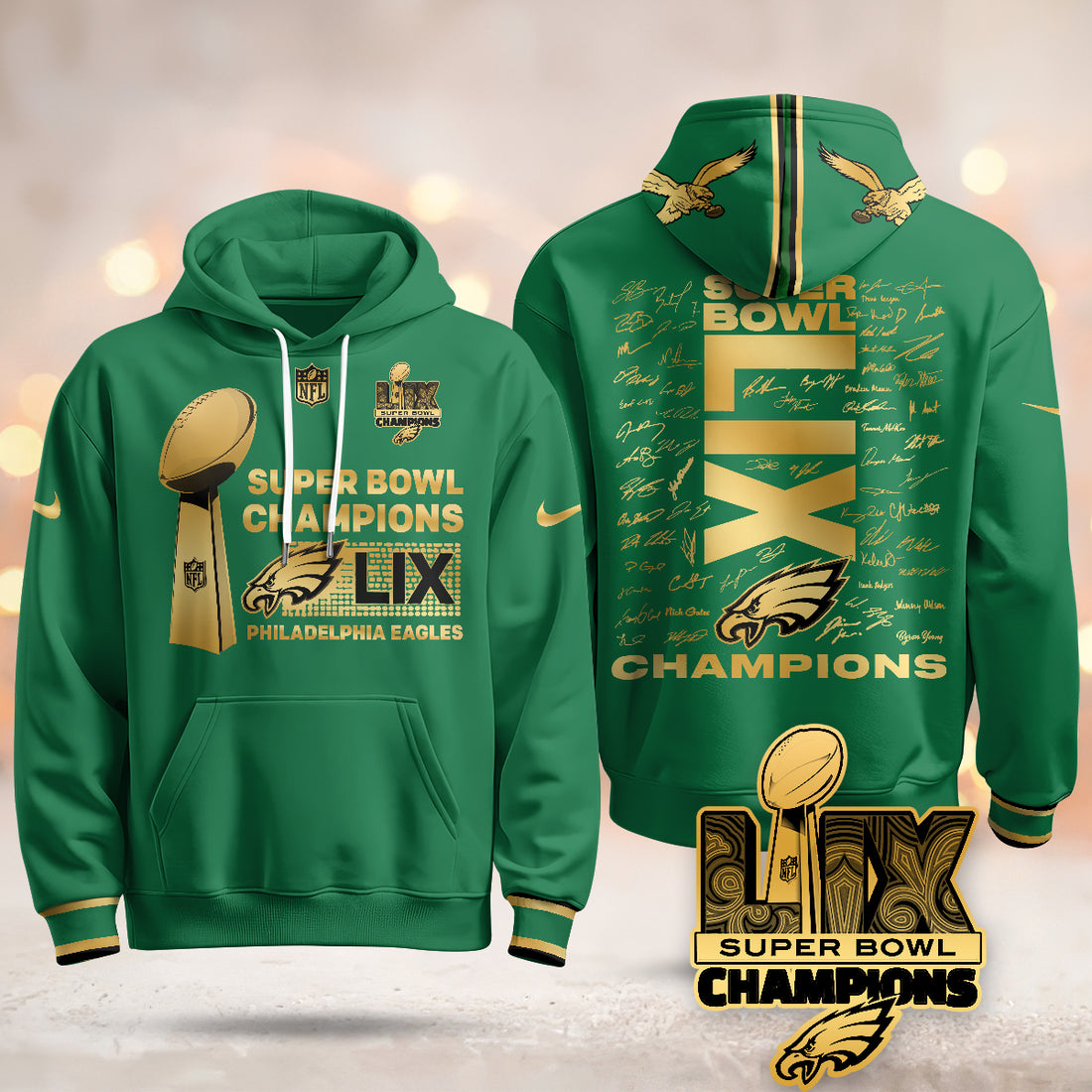 Philadelphia Eagles Super Bowl LIX Champions Roster Signing Gold Green Gold Hoodie