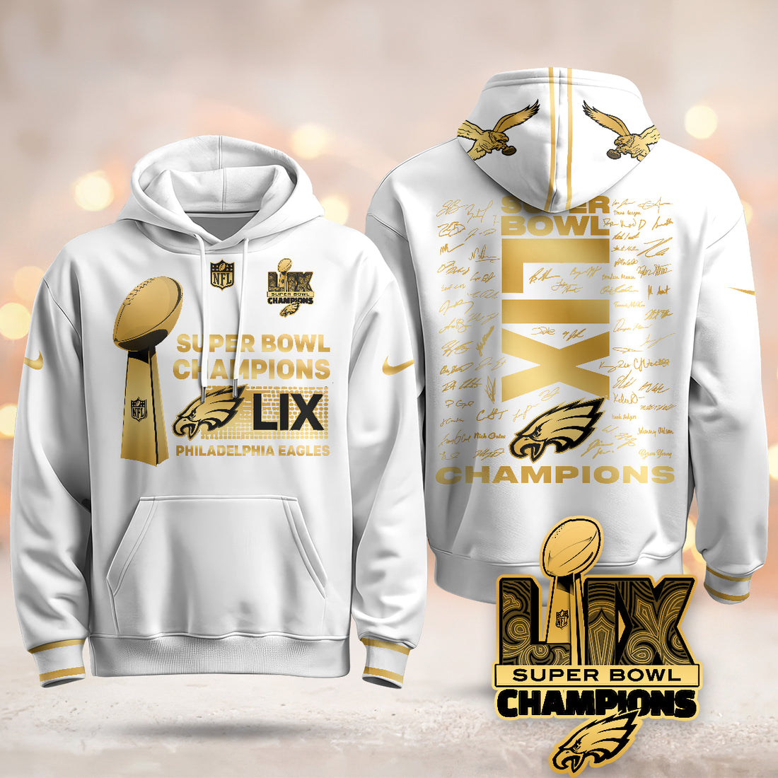 Philadelphia Eagles Super Bowl LIX Champions Roster Signing Gold White Gold Hoodie