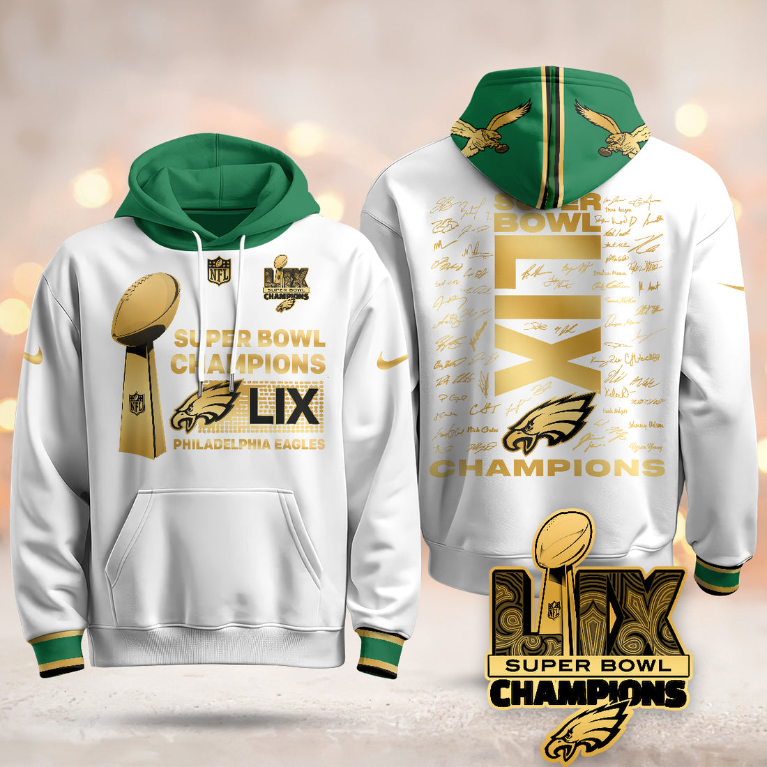 Philadelphia Eagles Super Bowl LIX Champions Roster Signing Gold White Hoodie