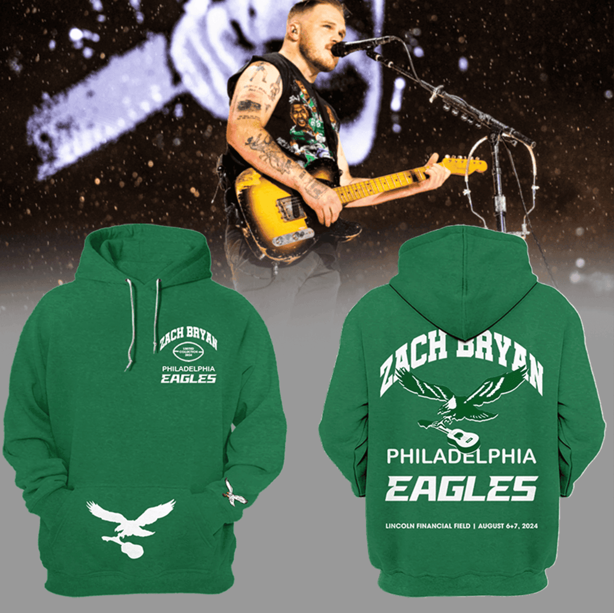 Philadelphia Eagles Zach Bryan x Eagles Kelly Green NFL 3D Hoodie