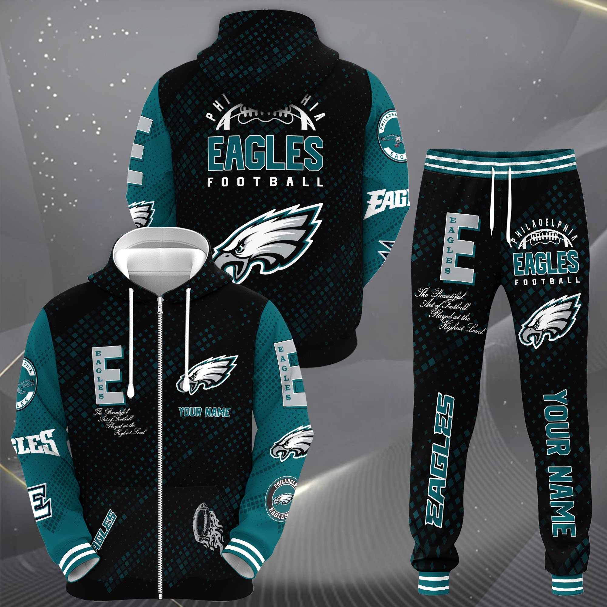 Philadelphia Eagles Zip Up Hoodie Joggers Set Custom Your name, Sport Zip Up Hoodie Joggers Set, Sport Gifts For Fan Gift For Sport Music Fans