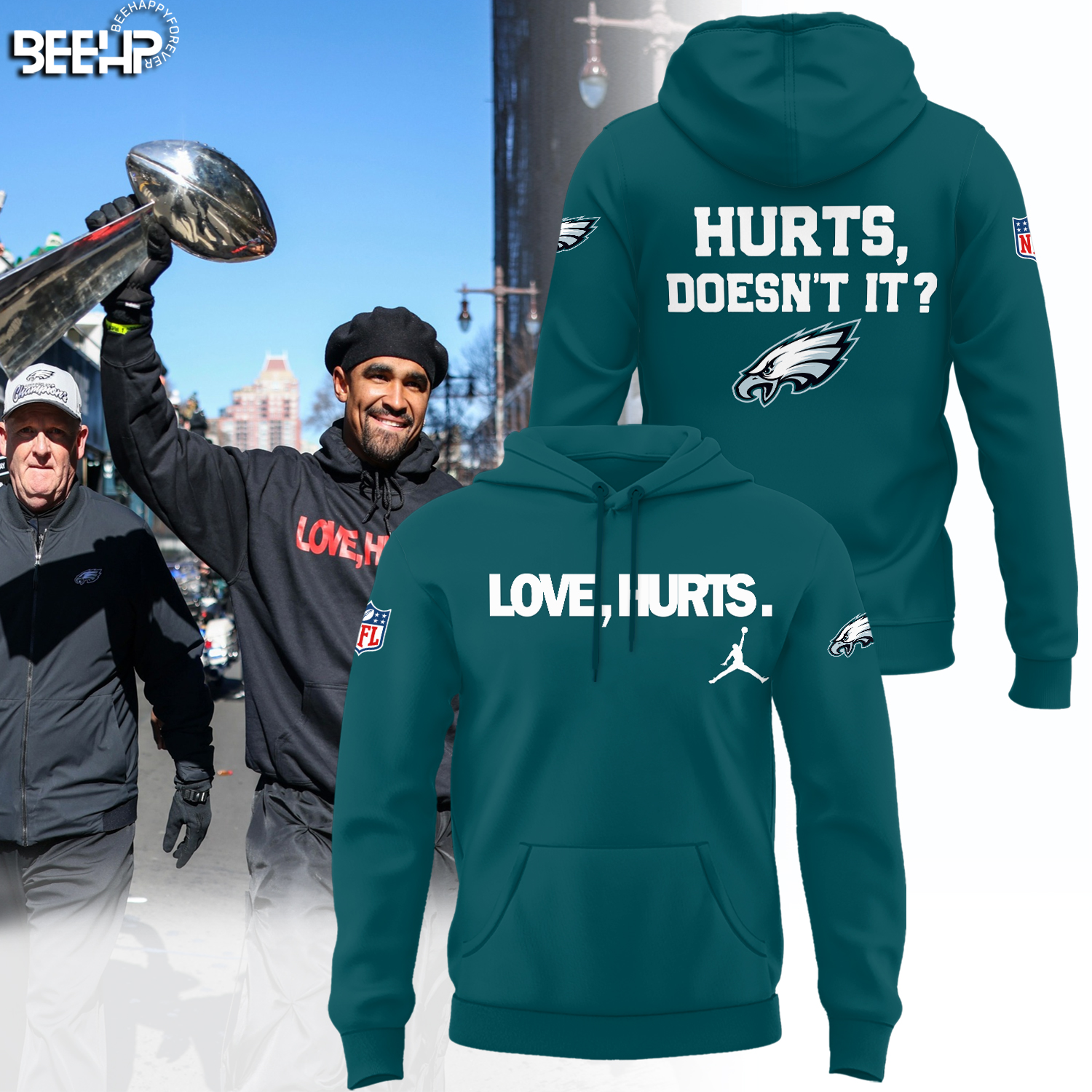 Philadelphia EaglesLove Hurts Doesnt It Super Bowl LIX Champions Midnight Green Hoodie