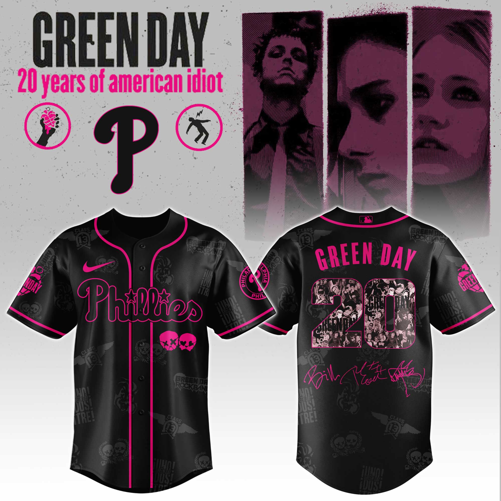 Philadelphia Phillies MLB x Green Day 20th Anniversary Tour Personalized Baseball Jersey For Fans