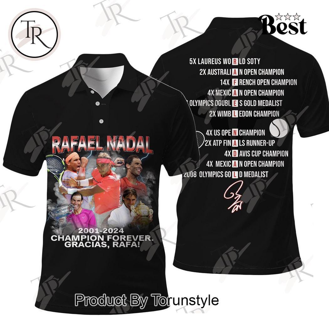 Rafael Nadal 2001-2024 Champion Forever Gracias, Rafa Polo Shirt â€“ Black